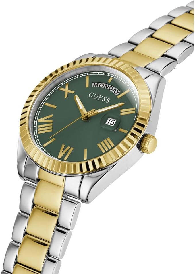 GUESS GW0308L5 watch angled view showing 2-tone bracelet and green dial with Roman numerals