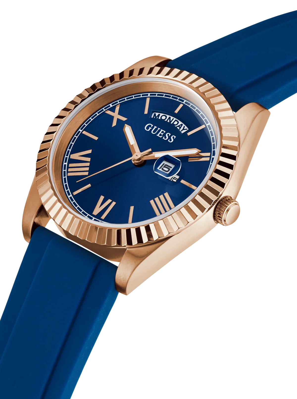 Guess GW0335G2 watch from angled side view showing rose gold case and blue strap