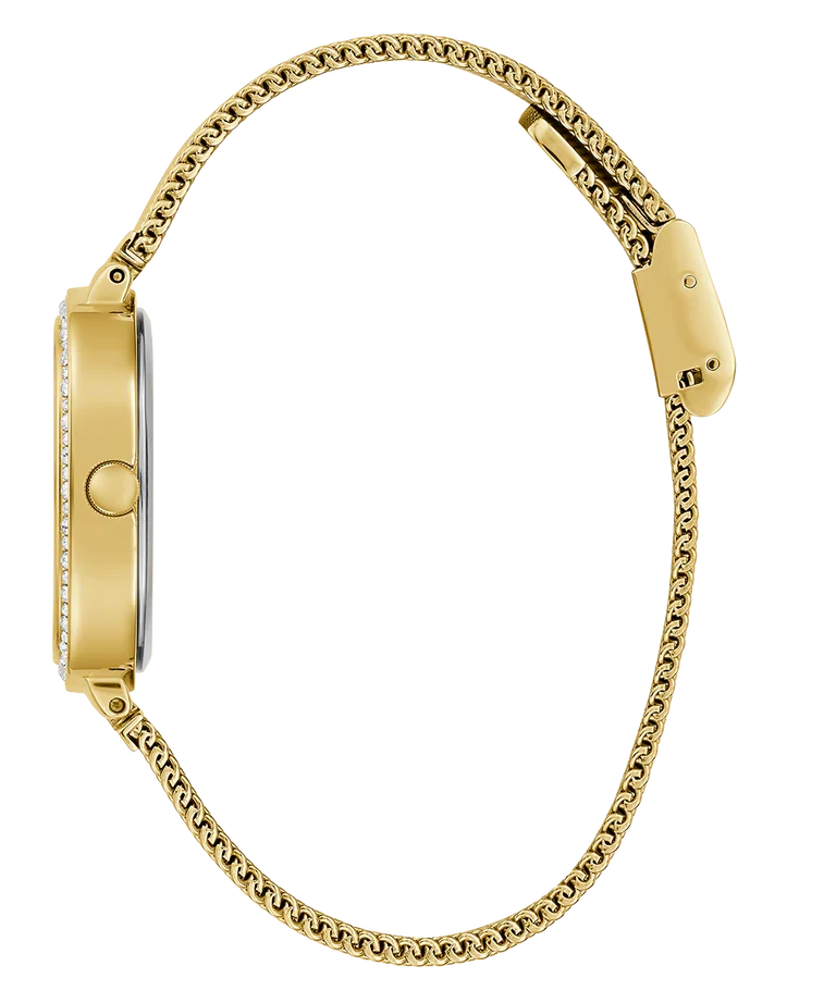 GUESS GW0354L4 side view showing crystal-set bezel and gold mesh bracelet