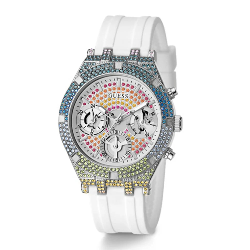 Angled view of Guess GW0407L4 with multicolor crystal bezel and white rubber strap