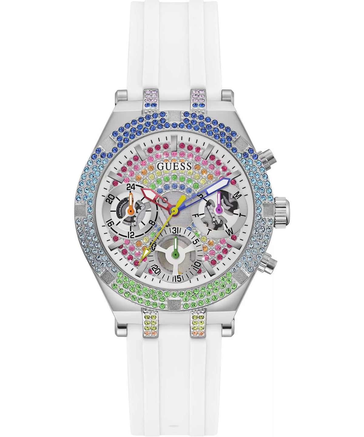 Guess GW0407L4 38mm ladies watch with crystal-embellished bezel and white strap