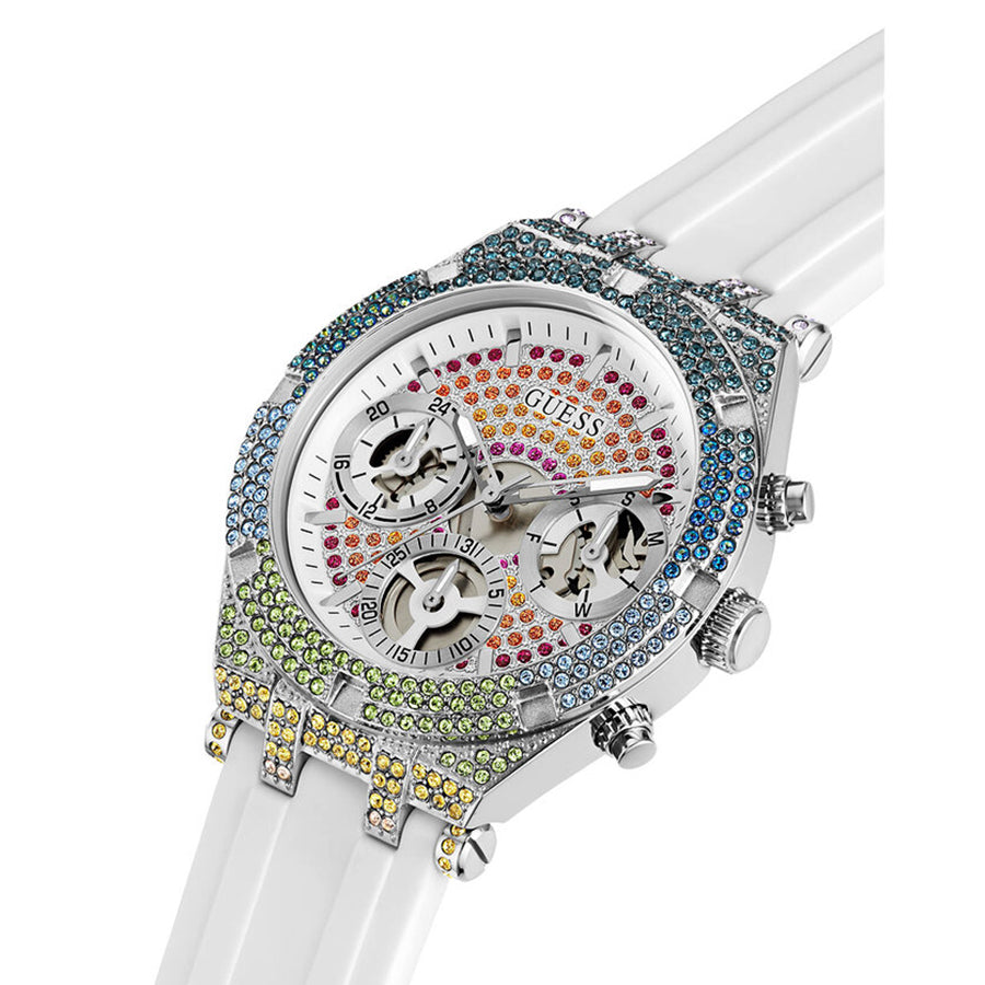 Side angle of Guess GW0407L4 showing crystal-set bezel and strap detail