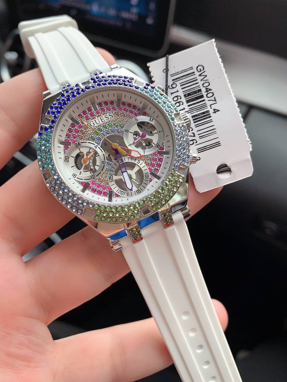 Guess GW0407L4 on wrist showing chronograph dial and multicolor crystal setting