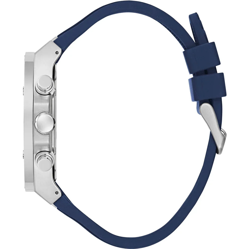 Side view of Guess GW0417G1 showing chronograph pushers, case profile, and blue silicone strap