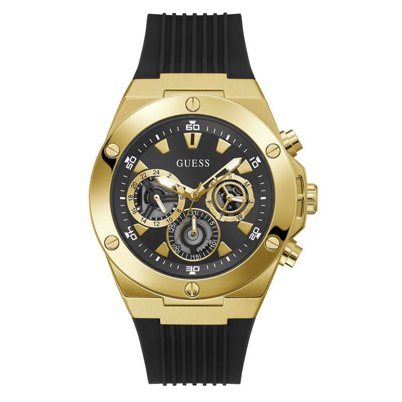 Guess men's watch with black dial, gold case and black rubber strap
