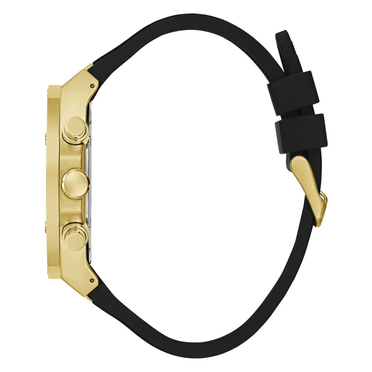 Side view of Guess chronograph watch with gold case and black rubber strap