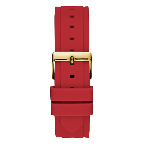 Red silicone strap with gold tone buckle clasp on Guess women's watch