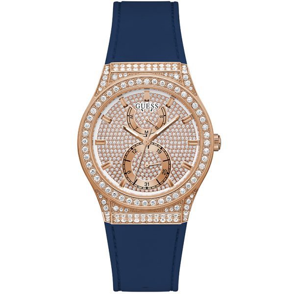 GUESS rose gold multi-function watch with blue strap and crystal-embellished case