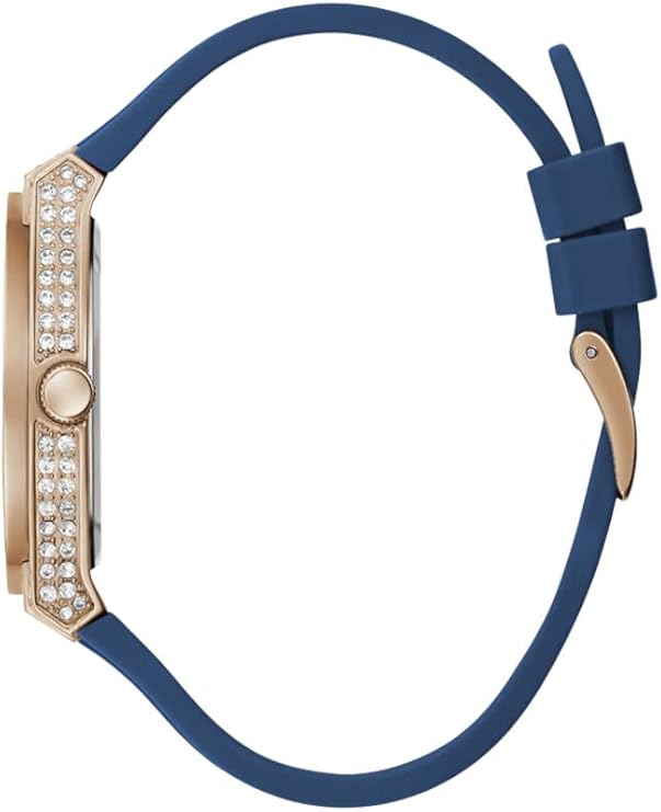Side view of GUESS rose gold watch with blue rubber strap and crystal details