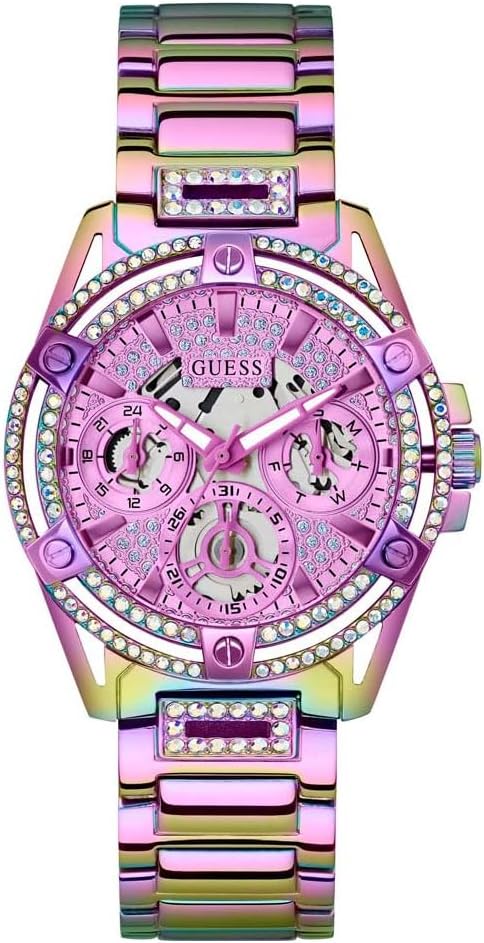 GUESS 40mm multi-function ladies watch with pink dial, crystal-set bezel, and rainbow link bracelet