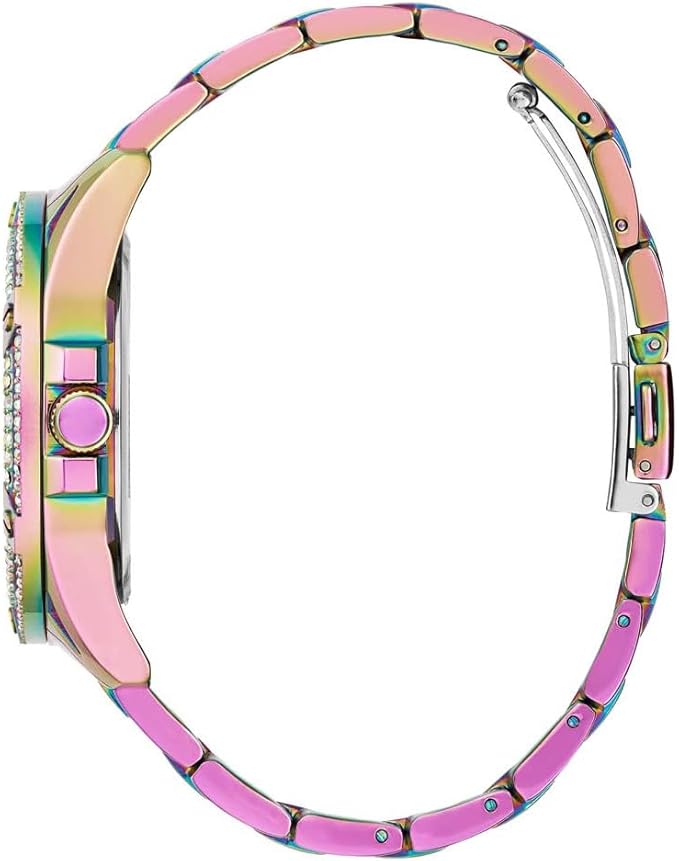 GUESS GW0464L4 multi-function watch worn on wrist showing side profile with rainbow bracelet