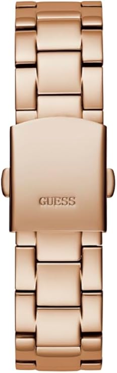Close-up of rose gold GUESS watch caseback with engraved brand logo and bracelet