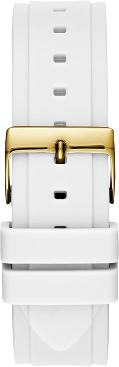 Close-up of white rubber strap with gold hardware and buckle closure