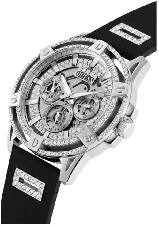 Guess Quartz Black Silicone Strap Silver Dial 48mm Men's Watch - GW0537G1