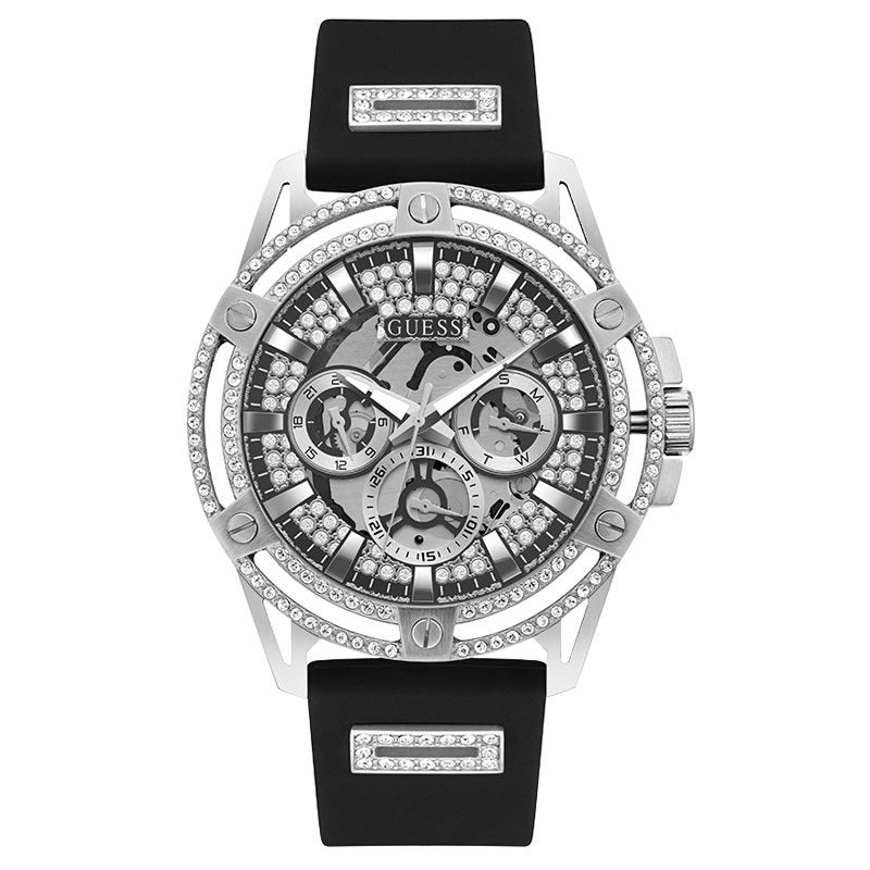 Guess Quartz Black Silicone Strap Silver Dial 48mm Men's Watch - GW0537G1
