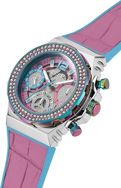GUESS GW0553L5 multifunction watch showing dial and colored pushers