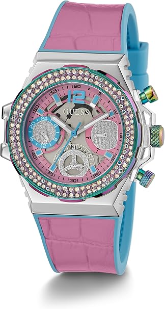 GUESS 36mm ladies multifunction watch with crystal bezel pink dial