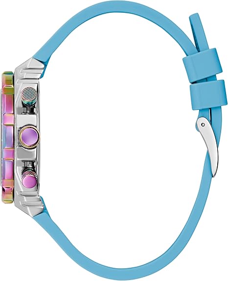 GUESS GW0553L5 watch side view showing pink and turquoise rubber strap