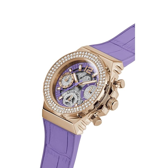 Guess chronograph watch showing rose gold case with crystal-set bezel and purple strap