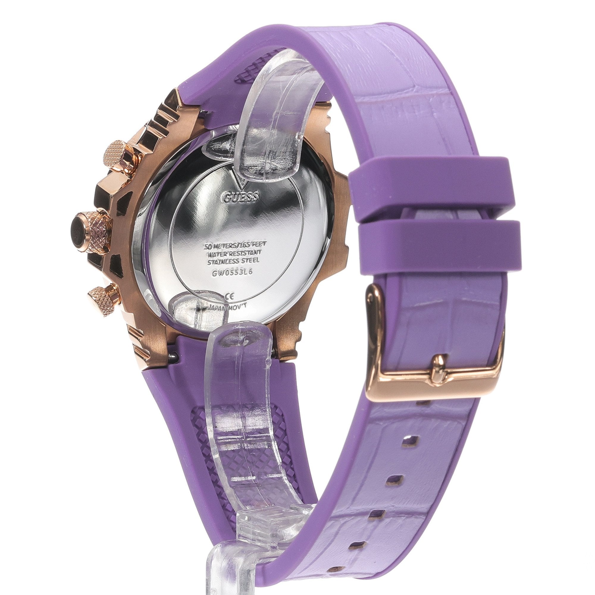 Guess GW0553L6 watch caseback showing stainless steel case with purple rubber strap