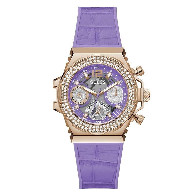 Guess rose gold-tone women's watch with purple dial and purple rubber strap
