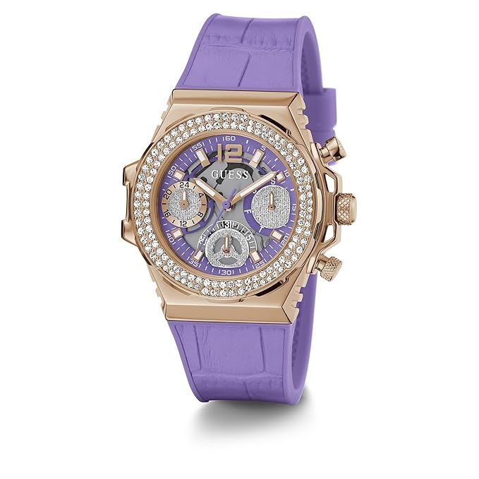 Guess rose gold chronograph watch with multi-dial purple face and purple rubber strap