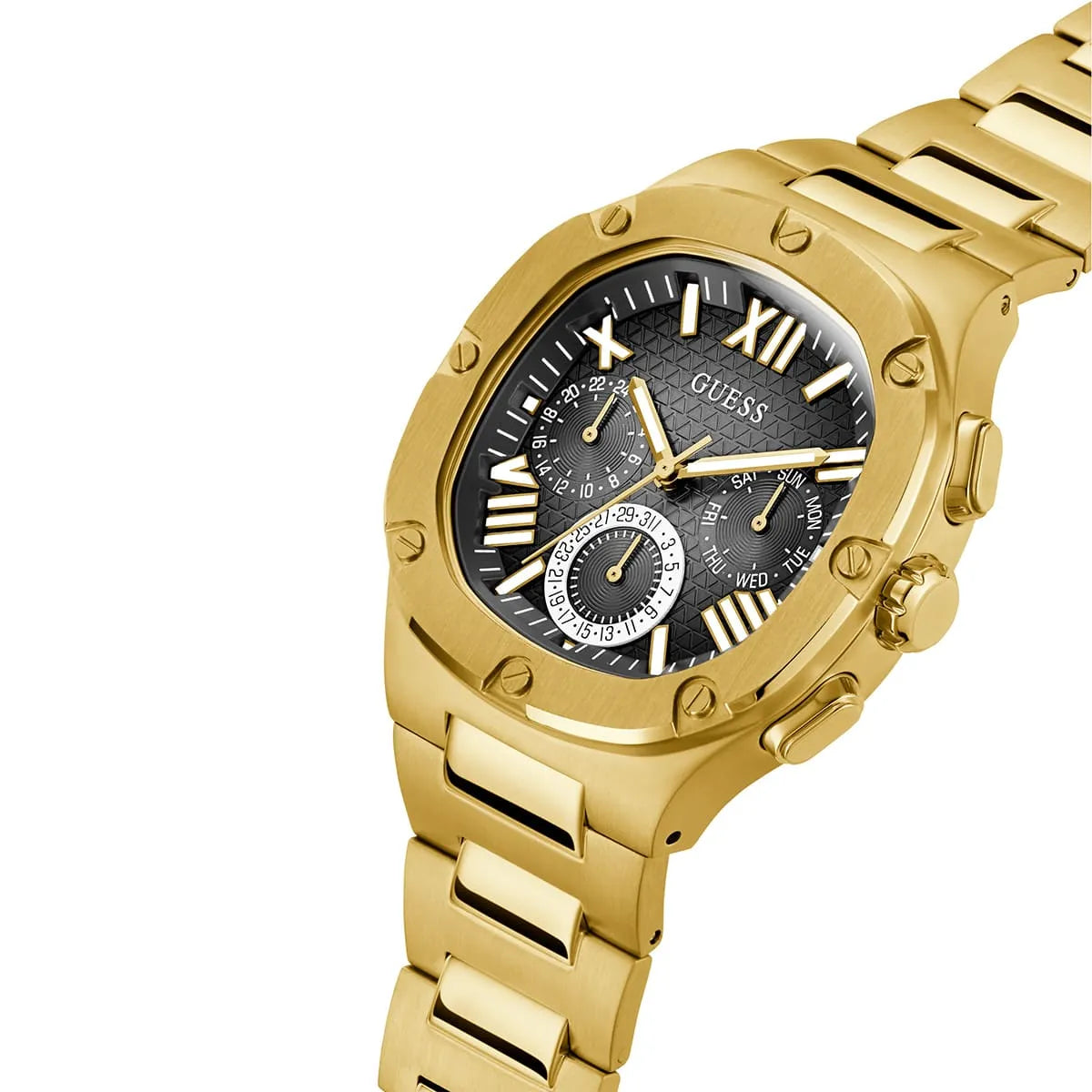 Guess GW0572G2 side view showing gold-tone metal bracelet with polished finish