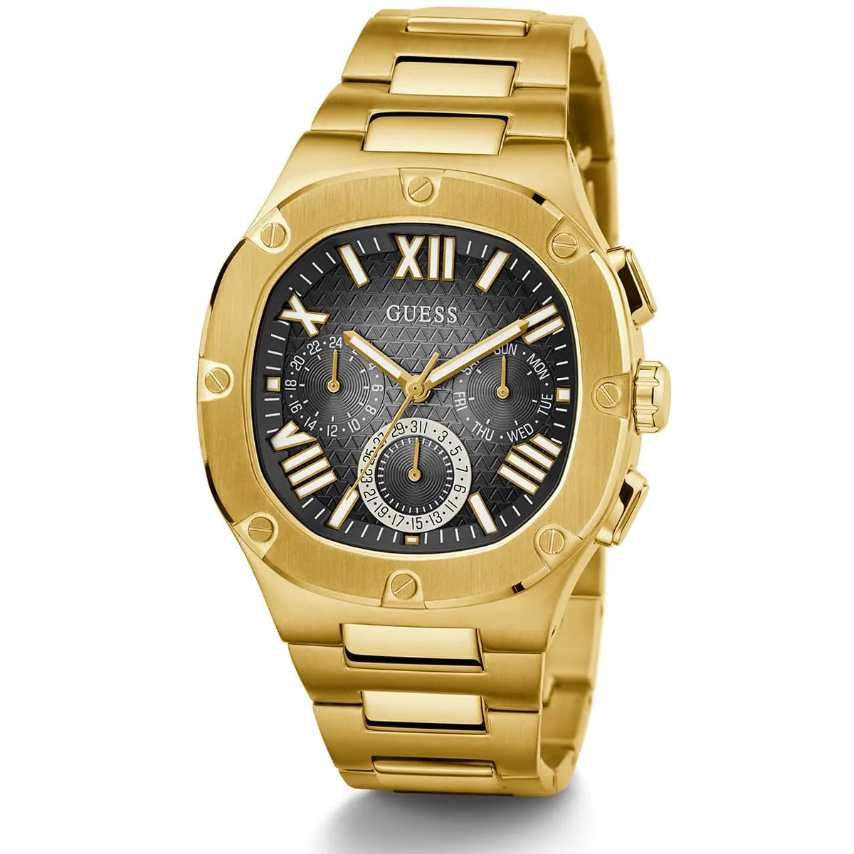 Guess GW0572G2 three-quarter view showing gold-tone stainless steel bracelet and case