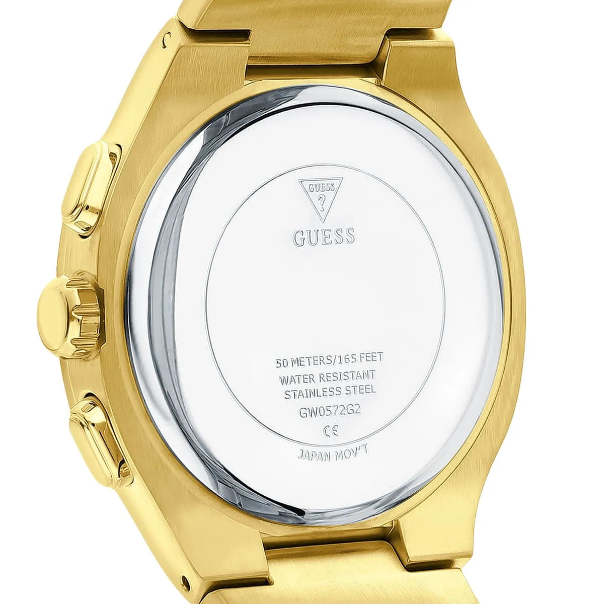 Guess GW0572G2 caseback showing model number, water resistance 50m, stainless steel
