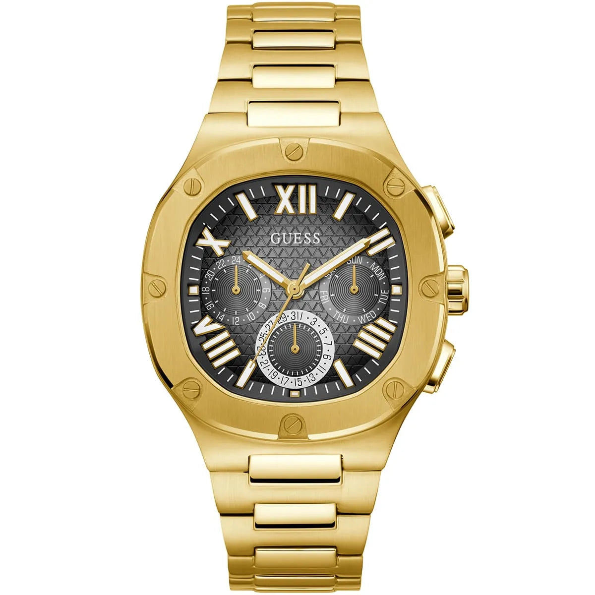 Guess GW0572G2 multifunction watch gold-tone case with black dial and Roman numeral markers