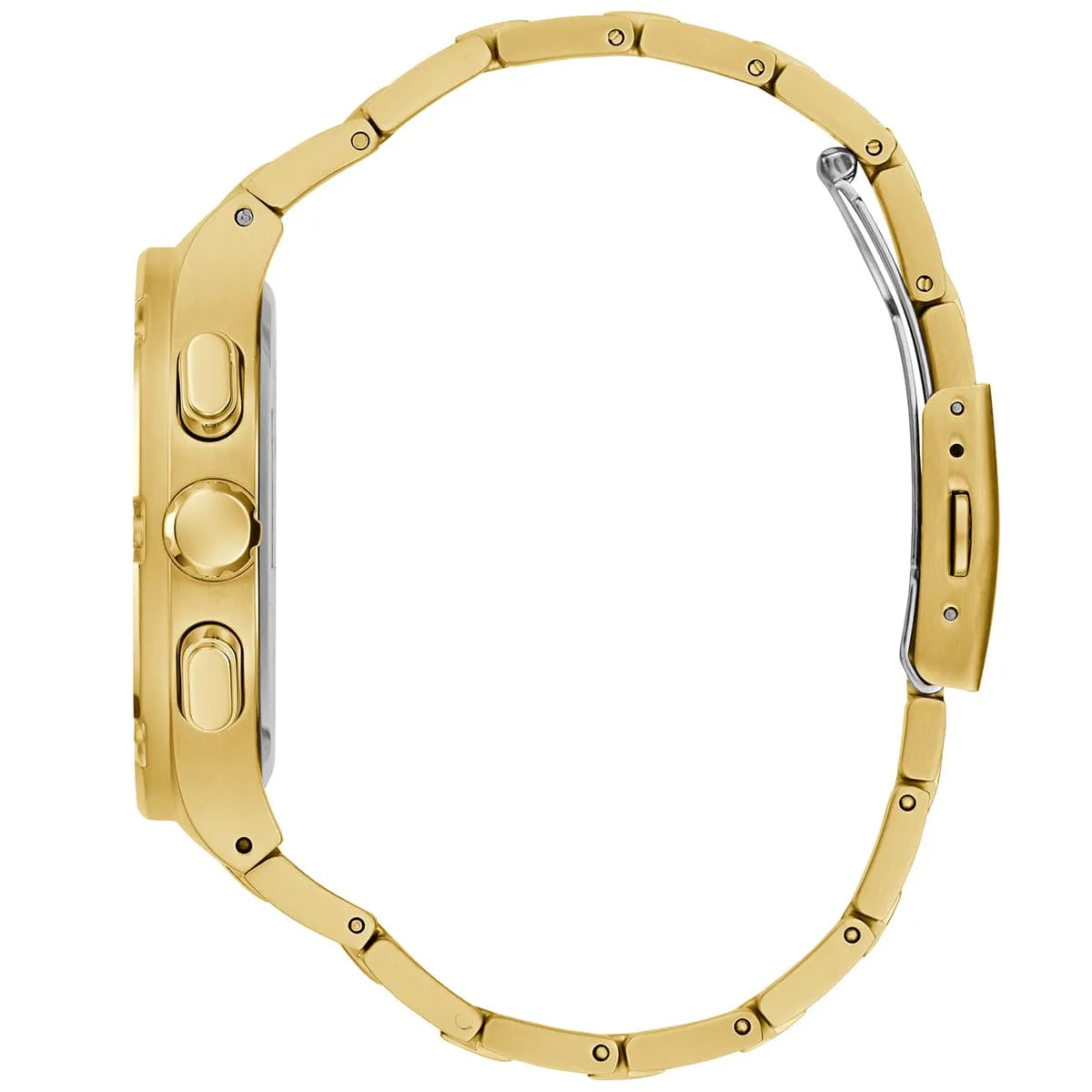 Guess GW0572G2 side profile showing gold-tone case, pushers, and link bracelet