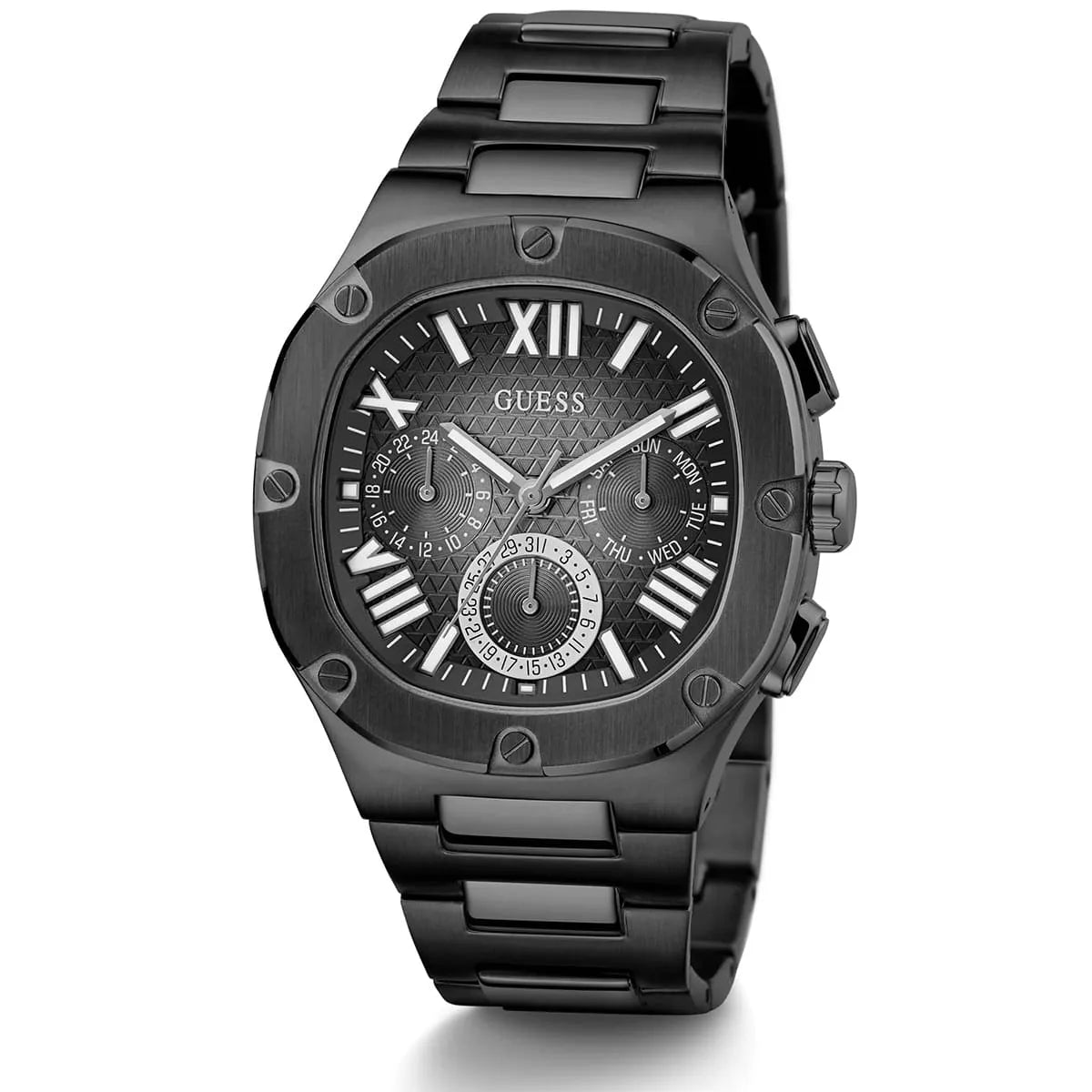 GUESS GW0572G3 black chronograph watch angled view showing dial with three subdials and metal bracelet