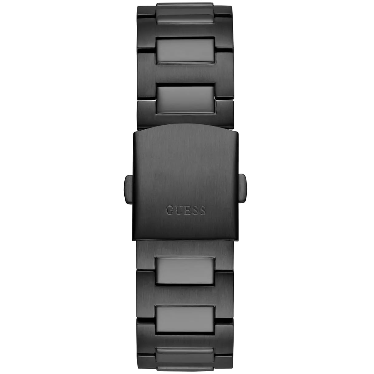 GUESS GW0572G3 caseback and metal bracelet showing GUESS branding on clasp