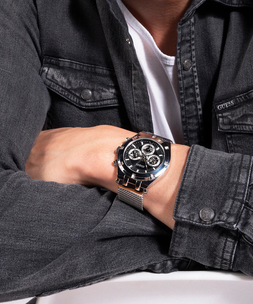 Guess Silver Stainless Steel Black Dial Men's Watch - GW0582G1