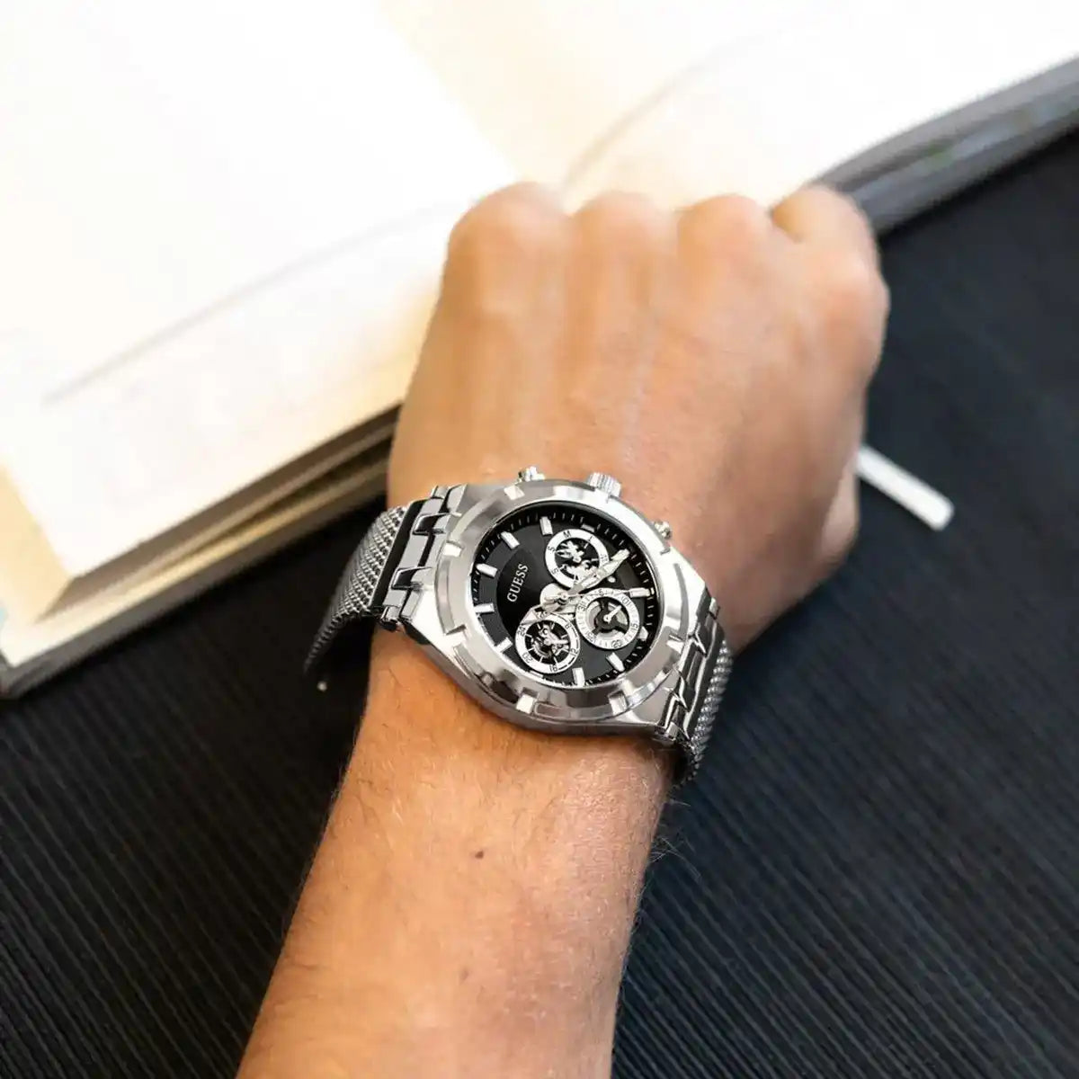 Guess Silver Stainless Steel Black Dial Men's Watch - GW0582G1