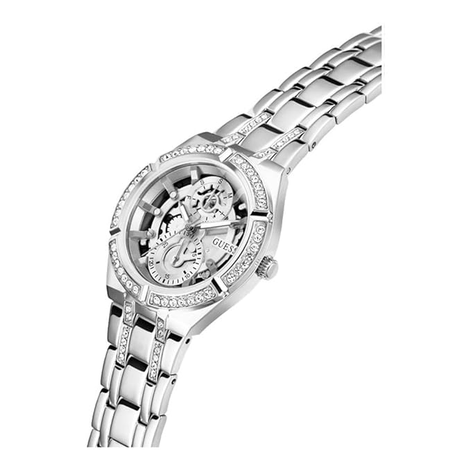 GUESS GW0604L1 angled view showing open dial multi-function and crystal bezel detail