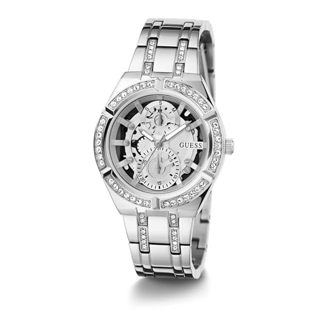 GUESS silver tone multi-function ladies watch GW0604L1 with crystal bezel and dial detail