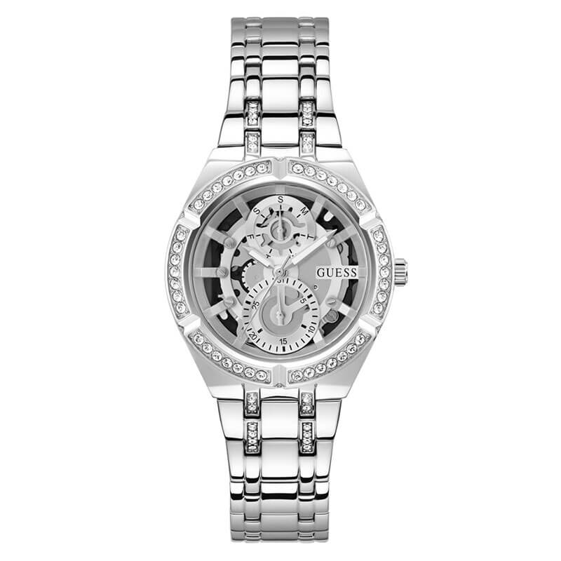 GUESS silver tone ladies watch with crystal bezel, open dial multi-function, and link bracelet