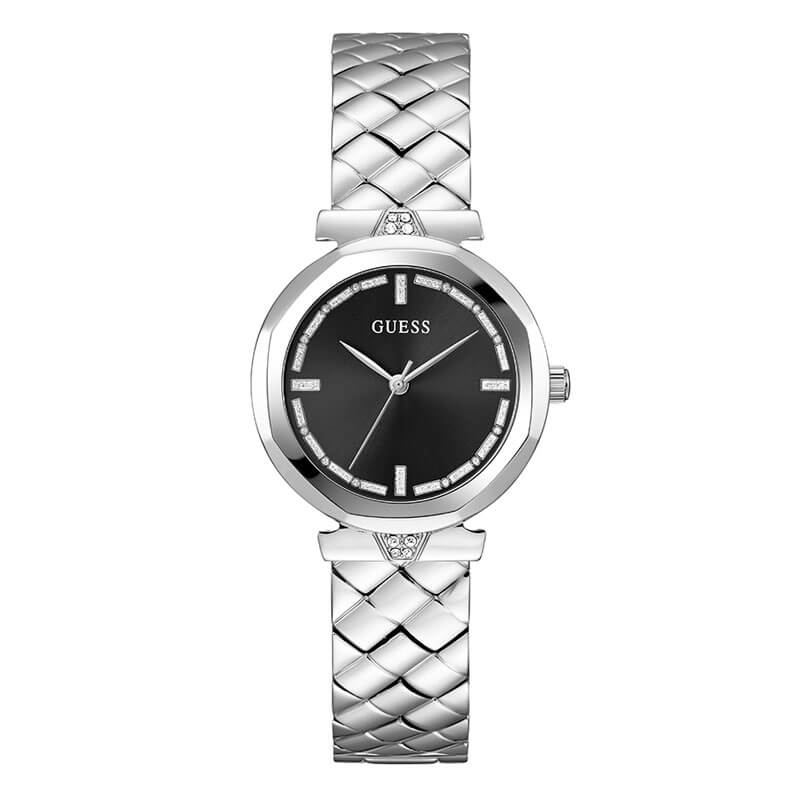Guess women's silver watch with black dial and quilted metal strap