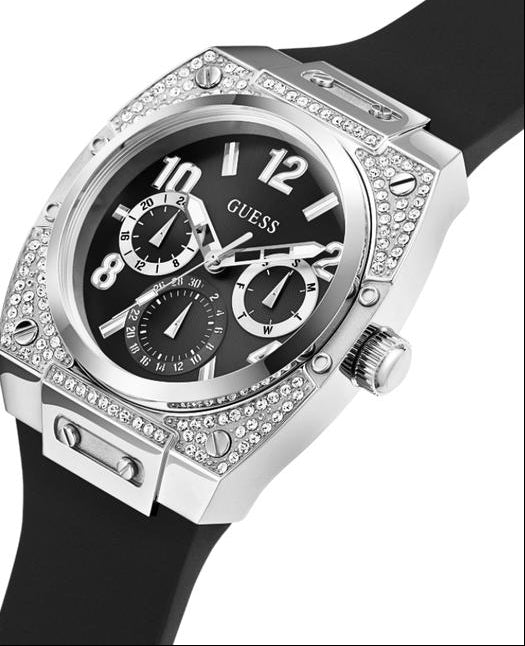 Guess GW0623G1 watch angled view showing silver diamond-set case and black rubber strap
