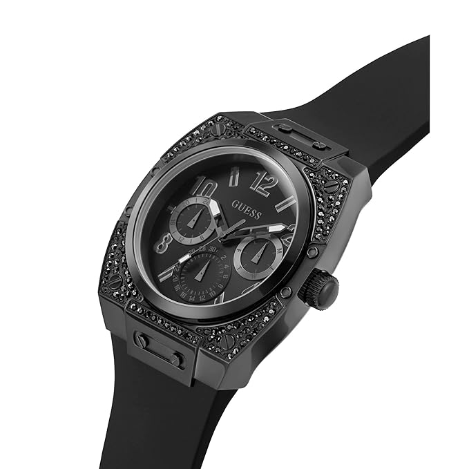 Angled view of Guess 54.5mm black watch with chronograph subdials and embellished case