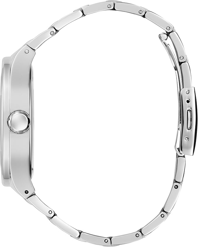 Side view of GUESS watch showing silver-tone stainless steel bracelet and case profile