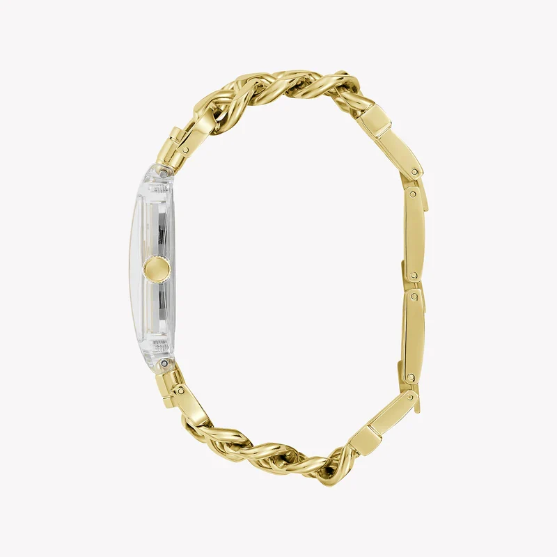 Guess GW0669L1 women's watch with gold chain-link bracelet on wrist