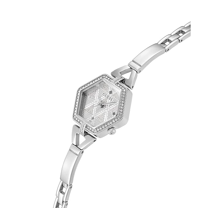 GUESS GW0680L1 silver hexagon watch at angle with strap detail