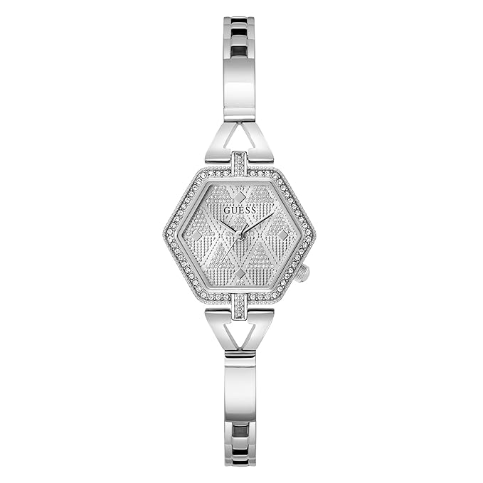 GUESS GW0680L1 silver hexagon watch with crystal bezel and silver link bracelet