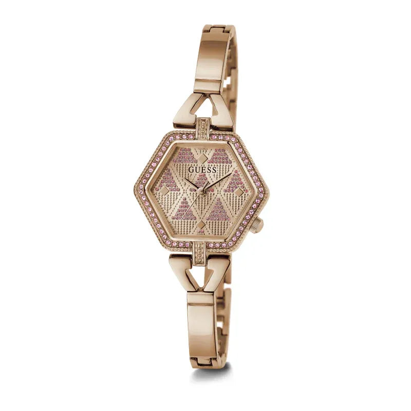 GUESS GW0680L3 rose gold hexagon watch with textured dial and crystal bezel detail