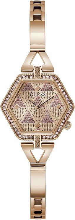 GUESS rose gold tone analog ladies watch with hexagon case and crystal-embellished bezel