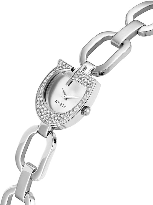 GUESS GW0683L1 angled view of crystal bezel and stainless steel bracelet