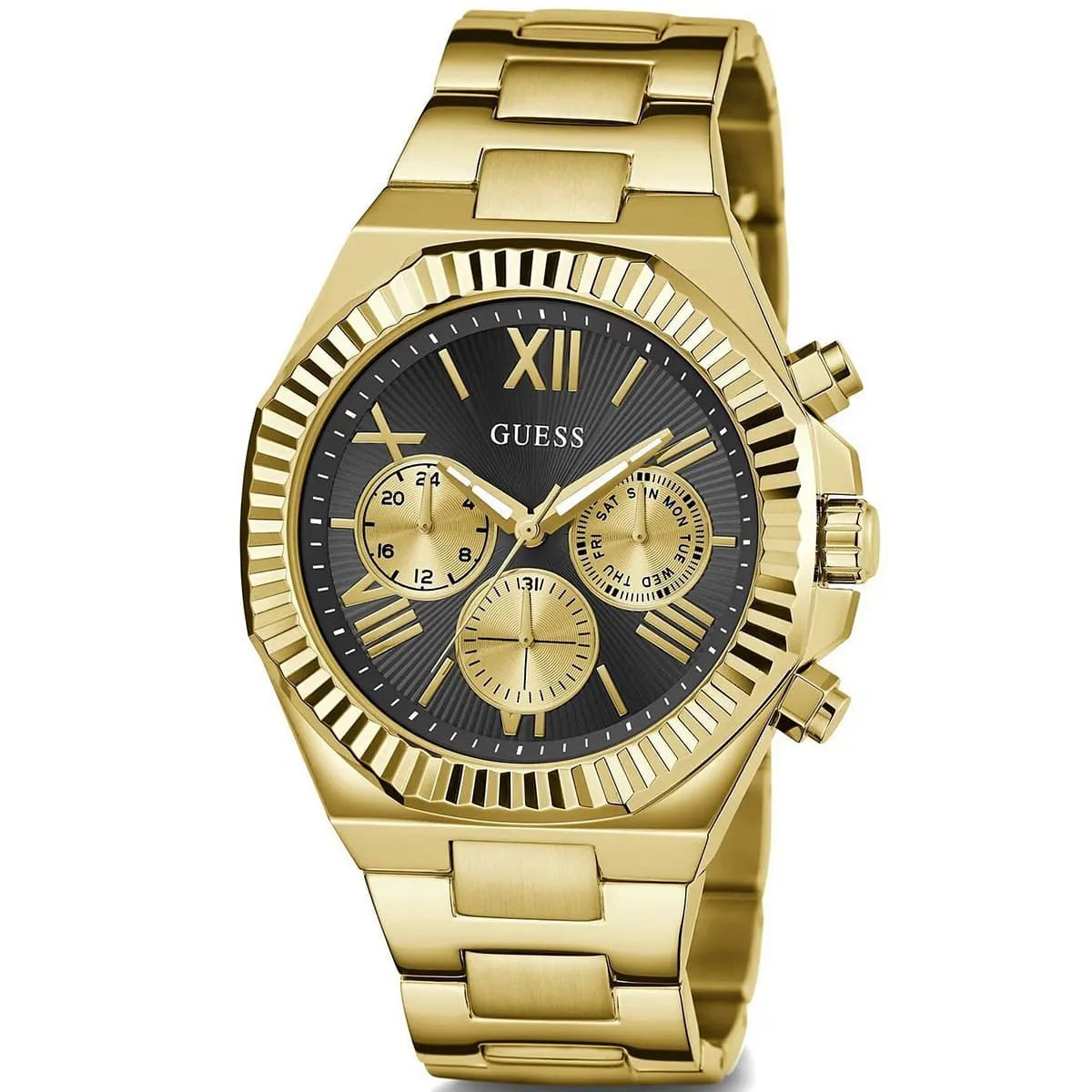 Guess GW0703G5 three-quarter view showing gold bracelet and black chronograph dial