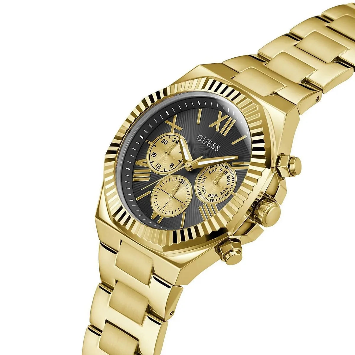 Guess GW0703G5 chronograph watch worn on wrist displaying gold-tone case and bracelet